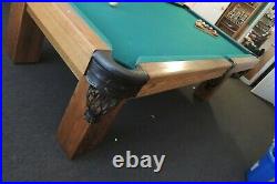 8' Solid Oak 1 Pc Slate Pool Table, & Cue Stand