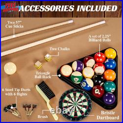 Billiards 90 Ball and Claw Leg Pool Table with Cue Rack Dartboard Set, Tan