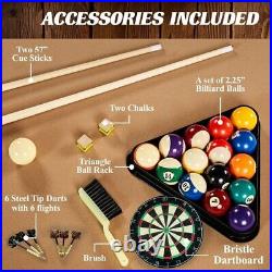 Billiards 90 Ball and Claw Leg Pool Table with Cue Rack, Dartboard Set, Tan