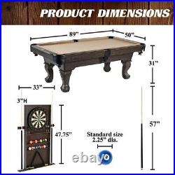 Billiards 90 Ball and Claw Leg Pool Table with Cue Rack, Dartboard Set Tan, New