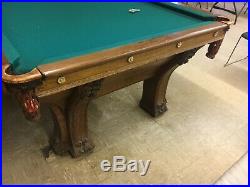 C1895 antique Quartersawn oak Brunswick pool table pfister model 6 legs 9 L