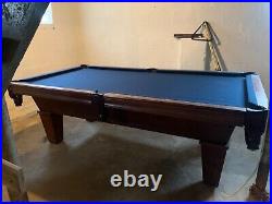 Pool table blue top balls and stick come with table
