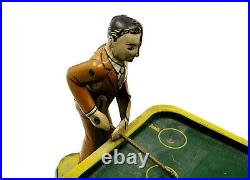 Vintage 1930s Wind Up Tin Litho Toy Billiard Or Pool Table With Players New York