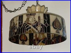 Vintage Pool Table Billiards Lamp Stained Glass Royal Cards 18.5 In Diameter